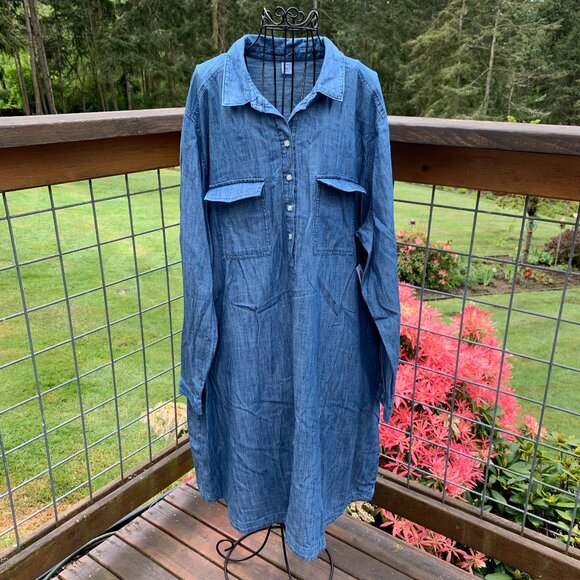 NWT Old Navy Women's size XXL Blue Denim Long Sleeve Half-Button Dress - Picture 1 of 12